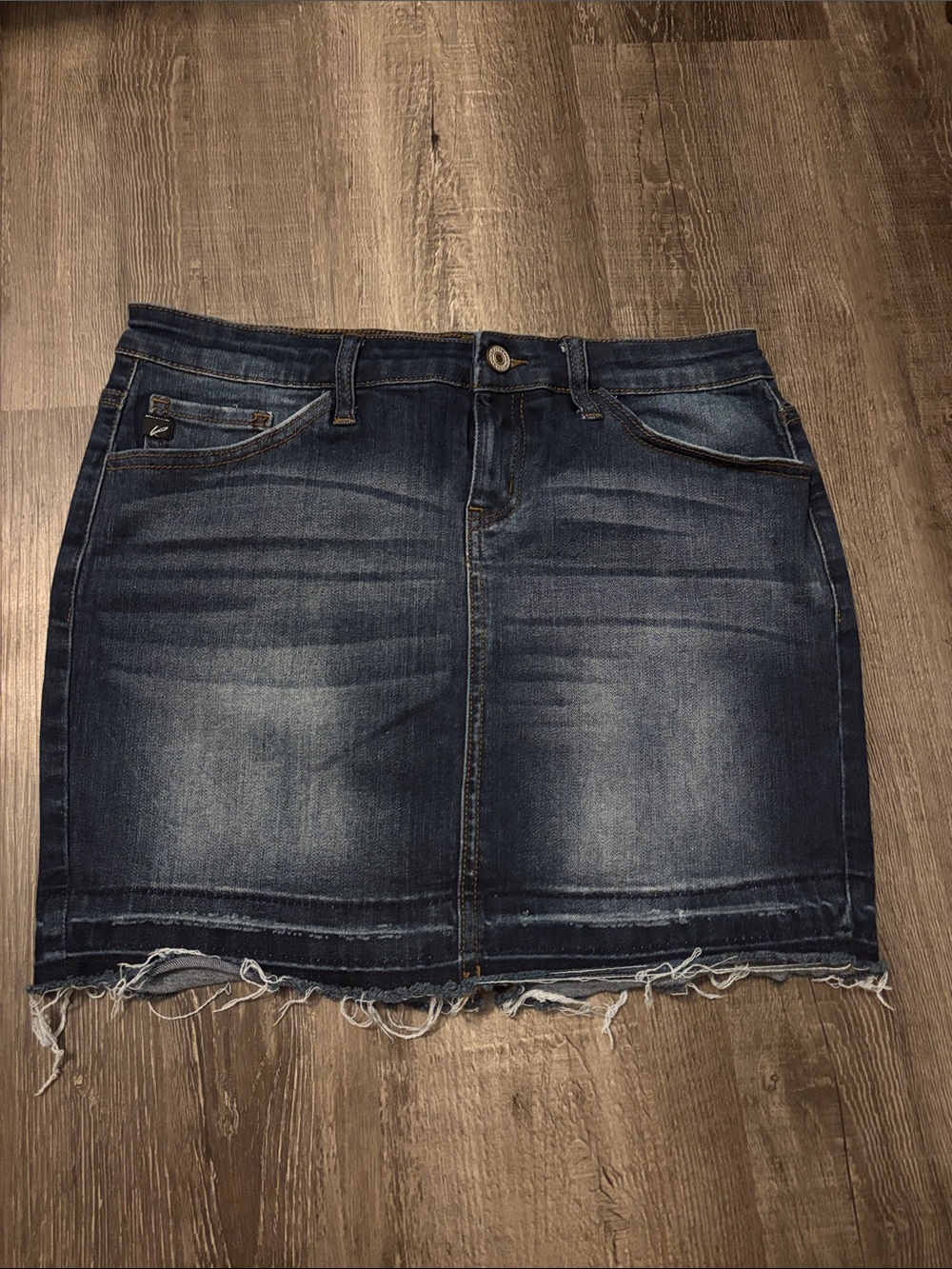 Kancan womens Dark Blue Denim Mini Skirt with Frayed Hem